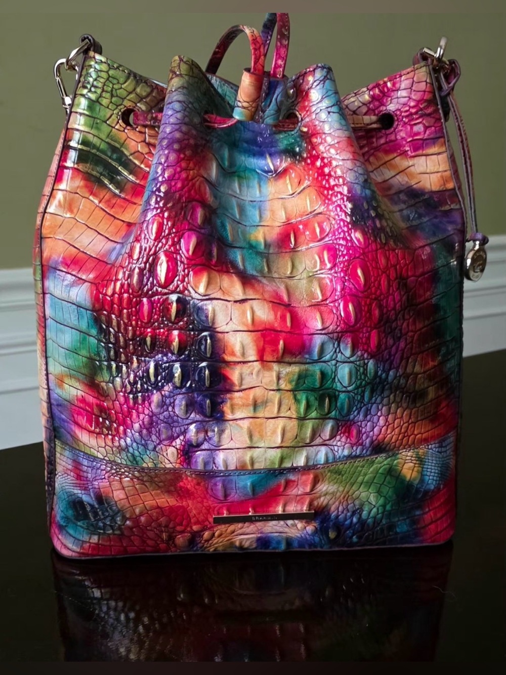 BRAHMIN Marlowe CrocEmbossed Leather BucketBag in Fallstruck Rainbow Colors NWOT - Picture 15 of 17